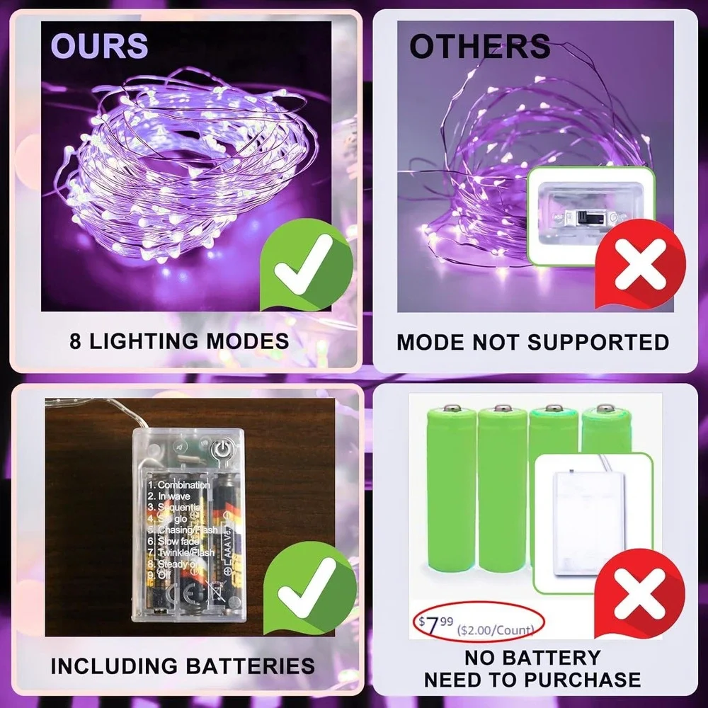Purple LED Fairy Lights 16ft 50LED Battery Operated Waterproof 8 Modes Timer